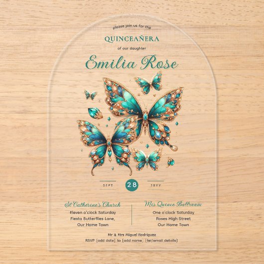 Sweet15 Butterflies QUINCEANERA Emerald Green Gold Acryl Uitnodigingen (Voorkant)