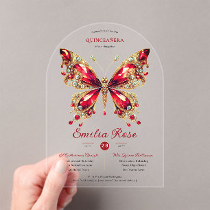 Sweet15 Butterflies QUINCEANERA Rode Kaart Diamond Acryl Uitnodigingen
