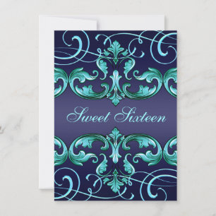 Sweet16 bleu foncé Damas & Tiara Invitation d'anni