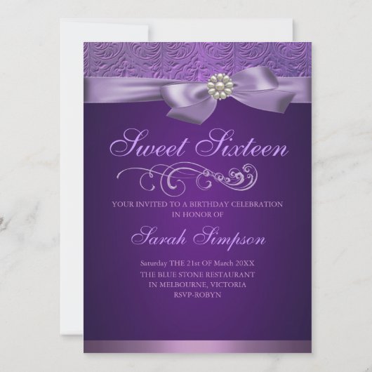 Sweet16 Bow & Damask Invitation d'anniversaire (Dos)