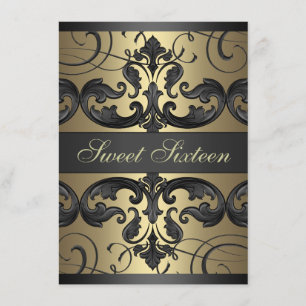 Sweet16 Goud/Zwart Damask & Tiara Verjaardag Uitno Kaart