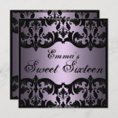 Sweet16 Purple Elegant Damask Invitation d'anniver (Devant / Derrière)