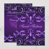 Sweet16 Violet foncé Damask & Tiara Invitation d'a (Devant / Derrière)