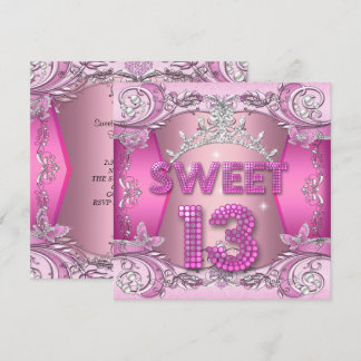 Sweet 13 13th Birthday Party Pink Silver Tiara Kaart