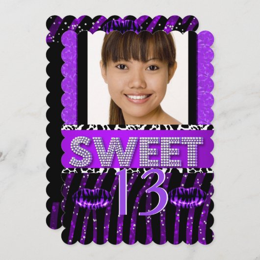 Sweet 13 13th Birthday Zebra Glitter Paars Lips Kaart (Voorkant / Achterkant)
