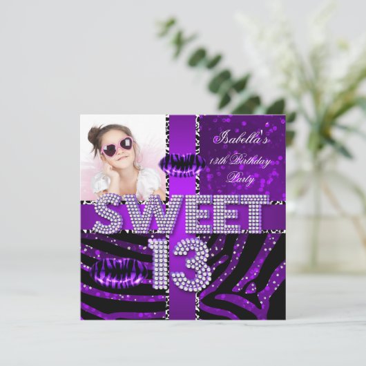 Sweet 13 13th Birthday Zebra Glitter Paars Lips Kaart (Staand voorkant)