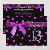 SWEET 13 ANNIVERSAIRE INVITATION - FUCHSIA POLKA (Devant / Derrière)