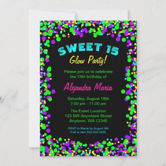 Sweet 15 Neon Glow Confetti Party Invitations (Devant)