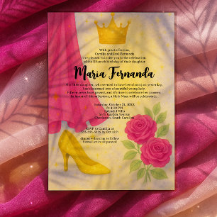 Sweet 15 Royal Quinceañera Gold Crown Roze Jurk Kaart