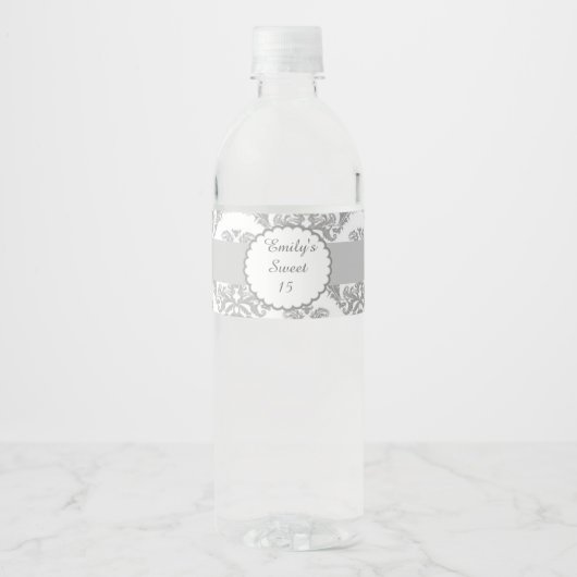 Sweet 16 15 Flesetiket Zilver Grijs Damast Waterfles Etiket (Voorkant)