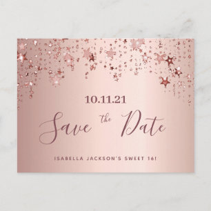 Sweet 16 16de verjaardagsfeest roze gouden sterren briefkaart