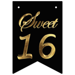 Sweet 16 16e verjaardag Jubileum Black en Gold Vlaggetjes