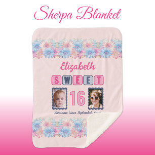 Sweet 16 2 foto naam datum bloemen roze sherpa deken