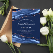 Sweet 16 agate marineblauw roos gouden uitnodiging
