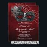 Sweet 16 Anniversaire Diamond Mask Invitation<br><div class="desc">Sweet 16 Seize Anniversaire Noir et Rouge Masque Diamond Masquerade Ball Invitation</div>