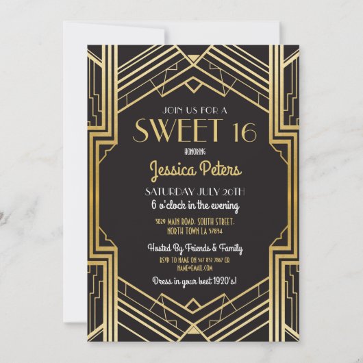 Sweet 16 Anniversaire Gatsby Art Déco Invitation (Devant)