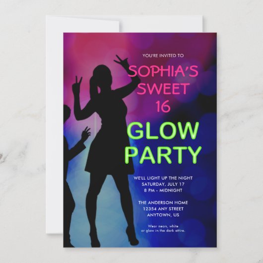 Sweet 16 Anniversaire Glow Party Invitation (Devant)