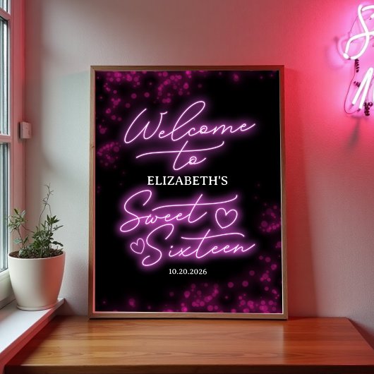 Sweet 16 Anniversaire Hot rose Neon Affiche de bie