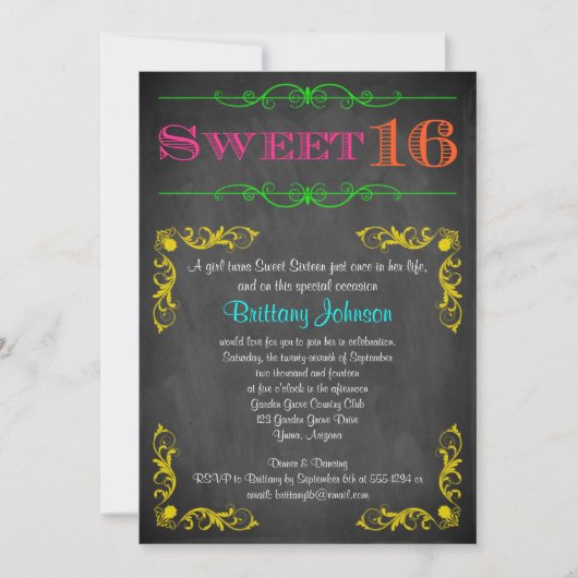 Sweet 16 Anniversaire Invitation | Neon Chalkboard (Devant)
