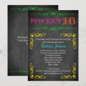Sweet 16 Anniversaire Invitation | Neon Chalkboard (Devant / Derrière)