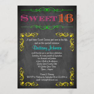 Sweet 16 Anniversaire Invitation   Neon Chalkboard