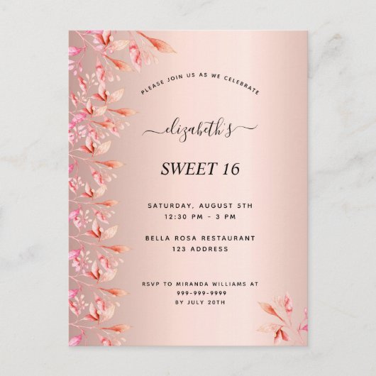 Sweet 16 ans rose or rose invitation florale rose  (Devant)