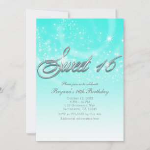 SWEET 16 Aqua Blauwe & Zilveren Glittersterren Fee Kaart