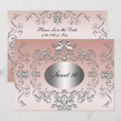 Sweet 16 Argent Rose Élégante Invitation (Devant / Derrière)
