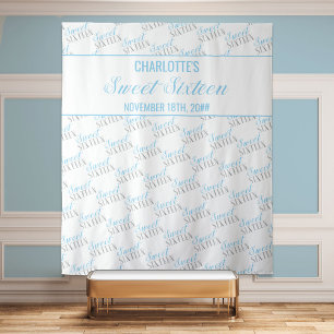 Sweet 16 Baby Blue Zilver Verjaardagsfeest Achterg Wandkleed