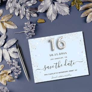 Sweet 16 baby blue zilveren glitter save the date