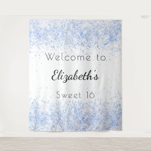 Sweet 16 babyblauwe witte glitterspul welkom wandkleed