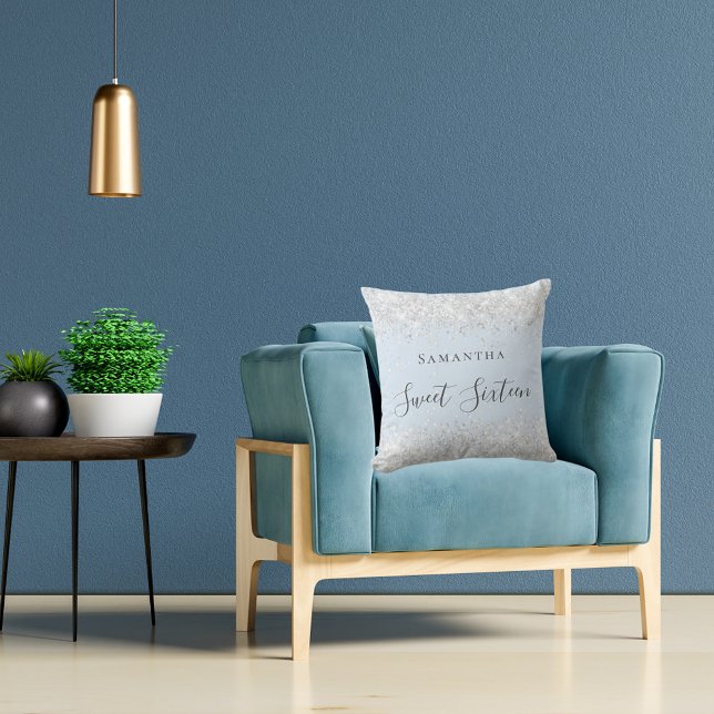 Sweet 16 babyblue zilveren glitter-stofnaamscript kussen (Creator heeft geüpload)