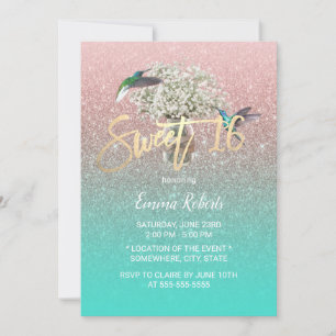 Sweet 16 Baby's Breath Hummingbird Roos Gold Blauw Kaart
