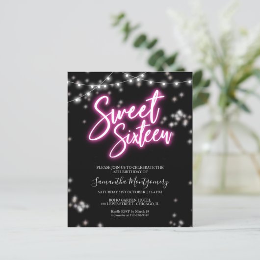 Sweet 16-Bday Hot Pink Neon Glow Budget Invitation (Staand voorkant)