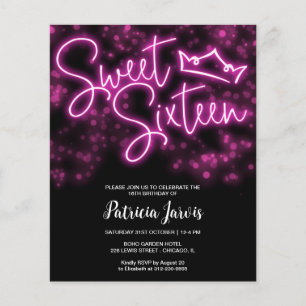 Sweet 16-Bday Hot Pink Neon Glow Budget Invitation