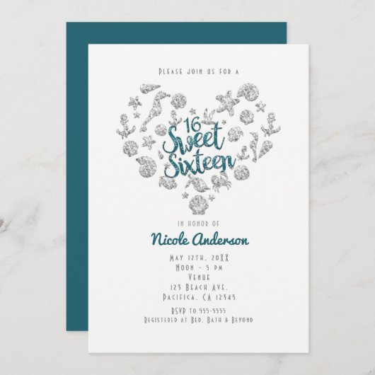 SWEET 16 Beach Glam Diamond Hart Uitnodigingen (Voorkant / Achterkant)