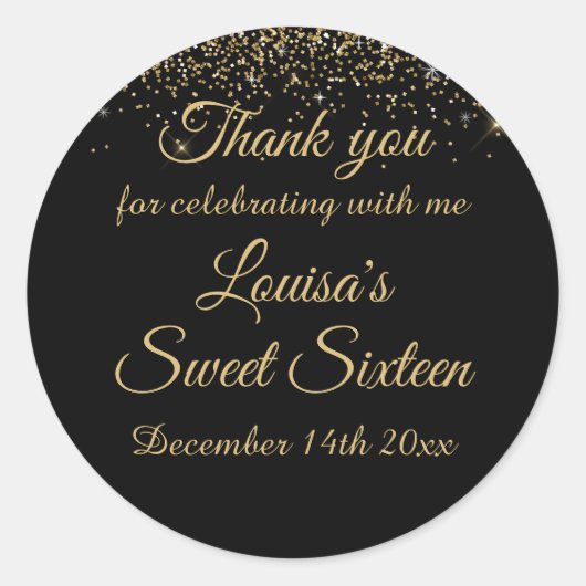 Sweet 16 Bedankt Stickers Zwart & Goud Glitter (Voorkant)