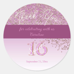 Sweet 16 Bedankt Vallende Roze Gouden Glitters Ronde Sticker