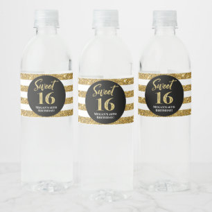 Sweet 16 Birthday Black Gold Stripes Waterfles Etiket