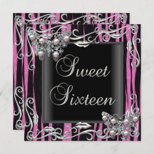 Sweet 16 Birthday Butterfly Zebra Black Pink Kaart