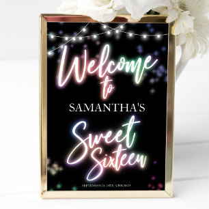 Sweet 16 Birthday Colorful Neon Glow Welcome Sign Poster