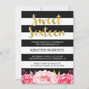 Sweet 16 Birthday Floral Gold Black White Stripes Kaart