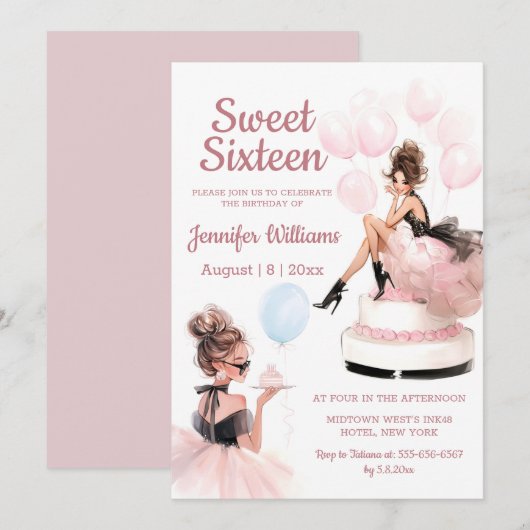 sweet 16 birthday girl pink party invitation  (Devant / Derrière)