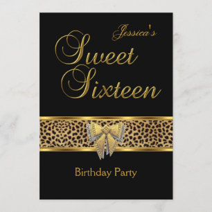 Sweet 16 Birthday Gold Black Leopard bow Kaart