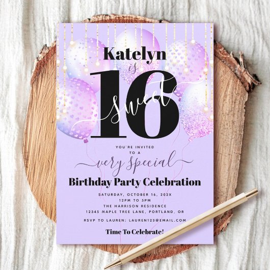 Sweet 16 Birthday Paarse ballonnen Bold Modern Fun Kaart