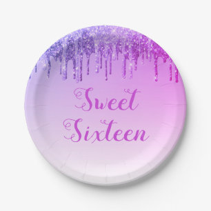 Sweet 16 Birthday Paarse Glitter Sparkle Papieren Bordje