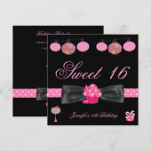 Sweet 16 Birthday Party Black Pink White Spot 4 Kaart (Voorkant / Achterkant)