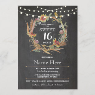 Sweet 16 Birthday Party Chalk Wreath Floral Invite Kaart
