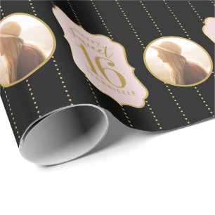 Sweet 16 Birthday Pink Black Persoonlijke foto Cadeaupapier