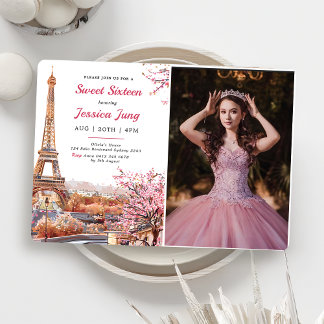 Sweet 16 Birthday Pink Floral Paris Eiffel Foto Kaart